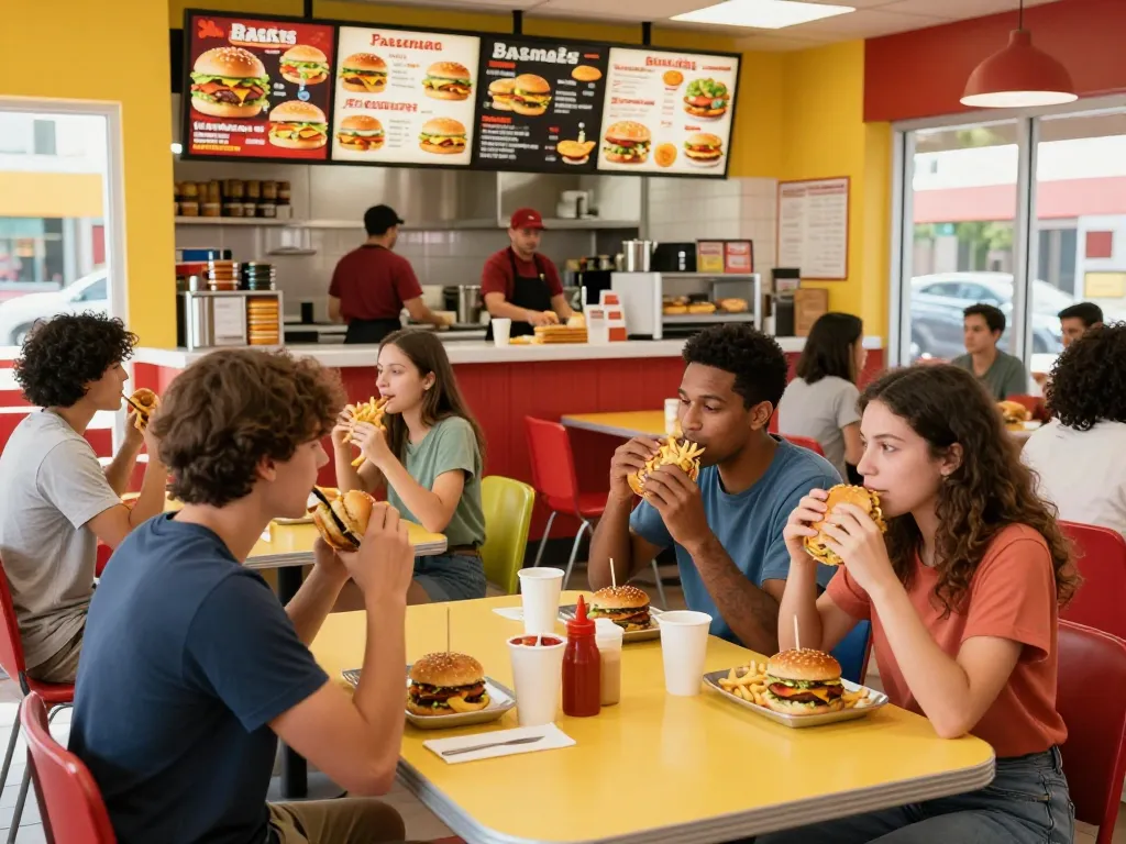 Gathering around a fast food menu featuring burgers and fries at a lively restaurant.