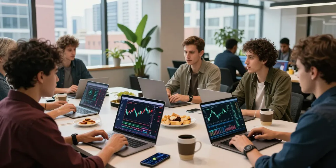 Cricbet trading environment with diverse professionals analyzing cryptocurrency charts and DeFi metrics in a modern co-working space.