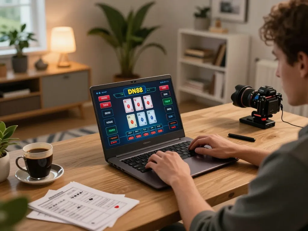 Engaged player enjoying DN88 live dealer blackjack on laptop in a stylish home setup