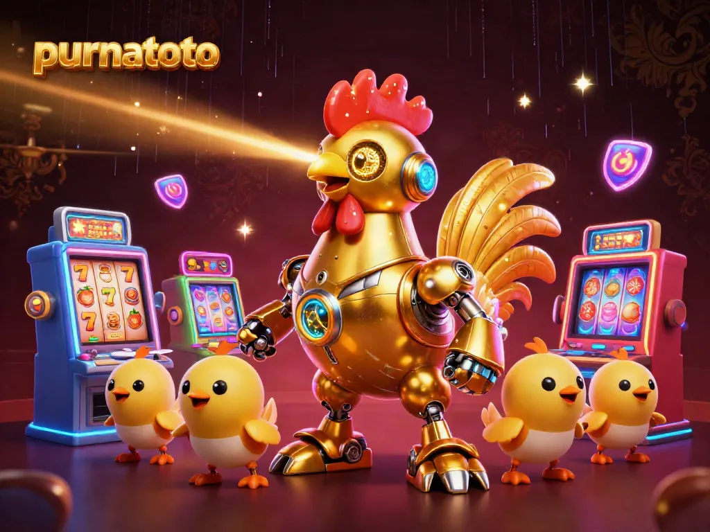 Purnatoto memperlihatkan permainan slot gacor dengan simbol keberuntungan dan mesin slot berputar yang cerah.