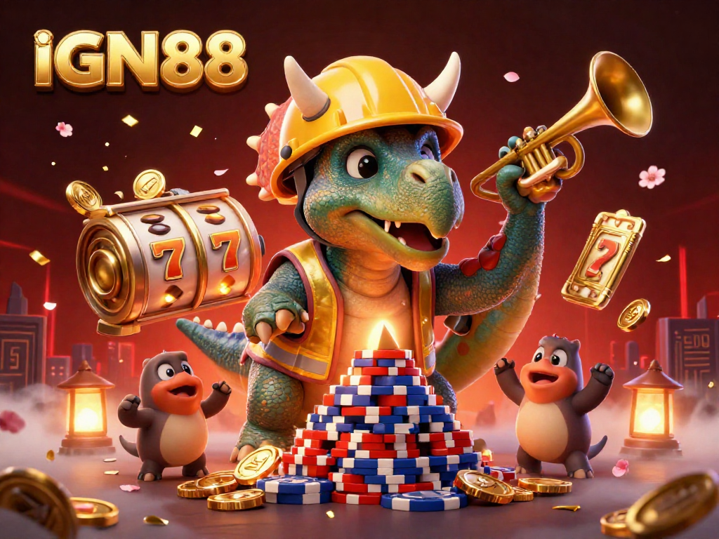 Experience excitement with IGN88 as a triceratops builds a poker chip pyramid amidst a lively casino scene.