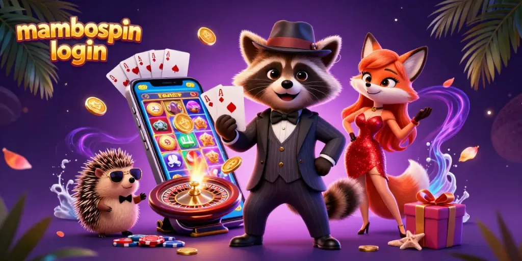 Gambarkan mambospin login dengan rakun gentleman dan teman fox sedang bermain kartu di kasino