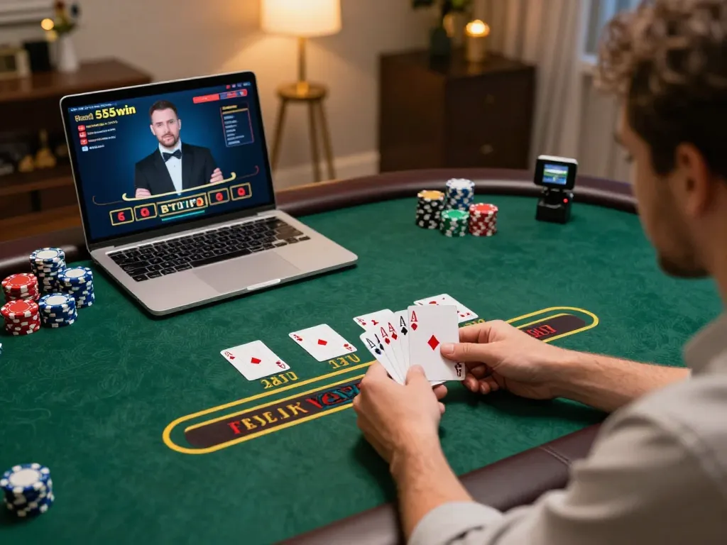 Player winning at blackjack online with 555win's exciting virtual casino game setup