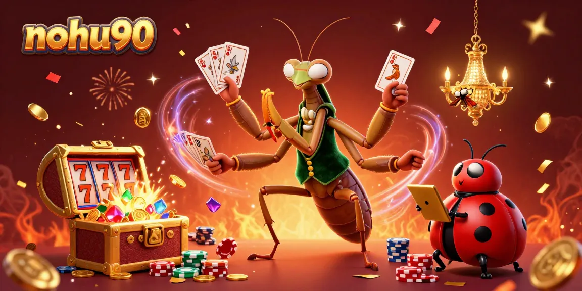 Nohu90 showcases thrilling slot gaming action with a vibrant casino scene featuring animated characters.