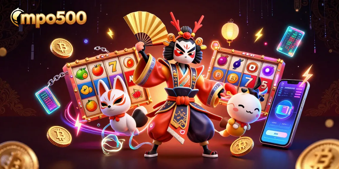 Engage with mpo500's vibrant slot games featuring a kabuki warrior and digital elements.