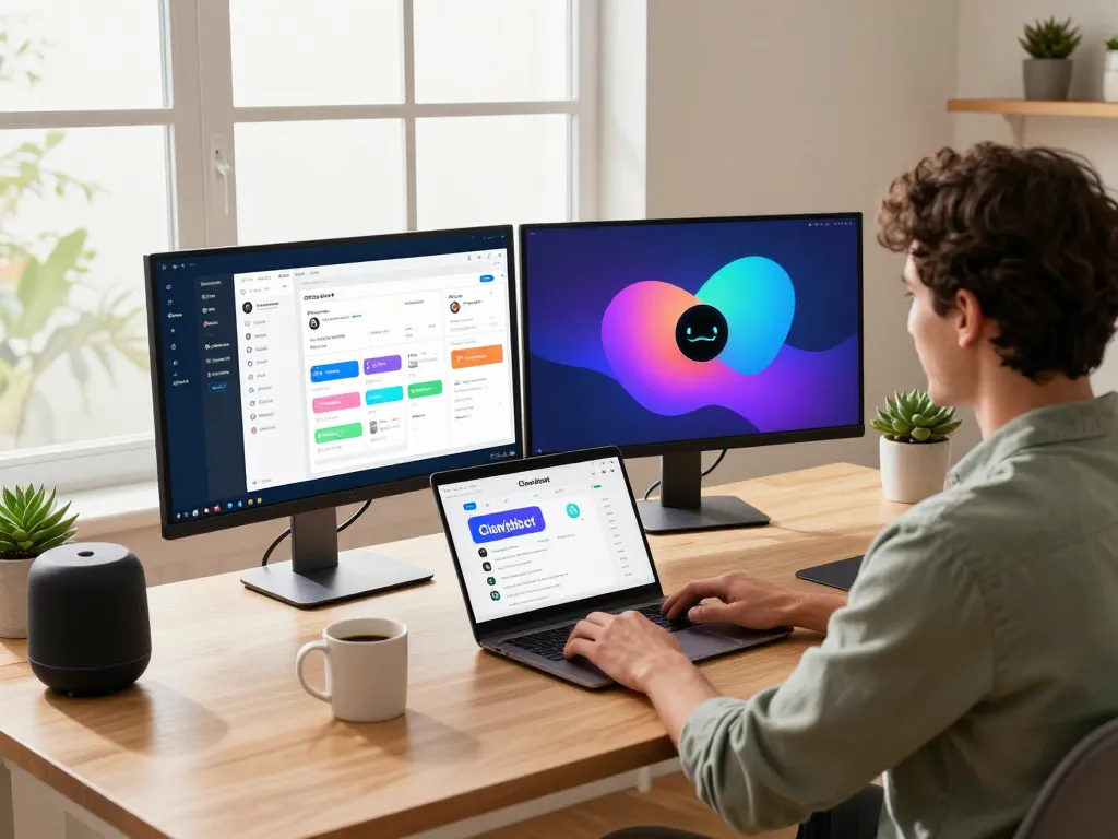 Engaged user interacting with Clawdbot AI assistant on dual monitors in modern workspace.