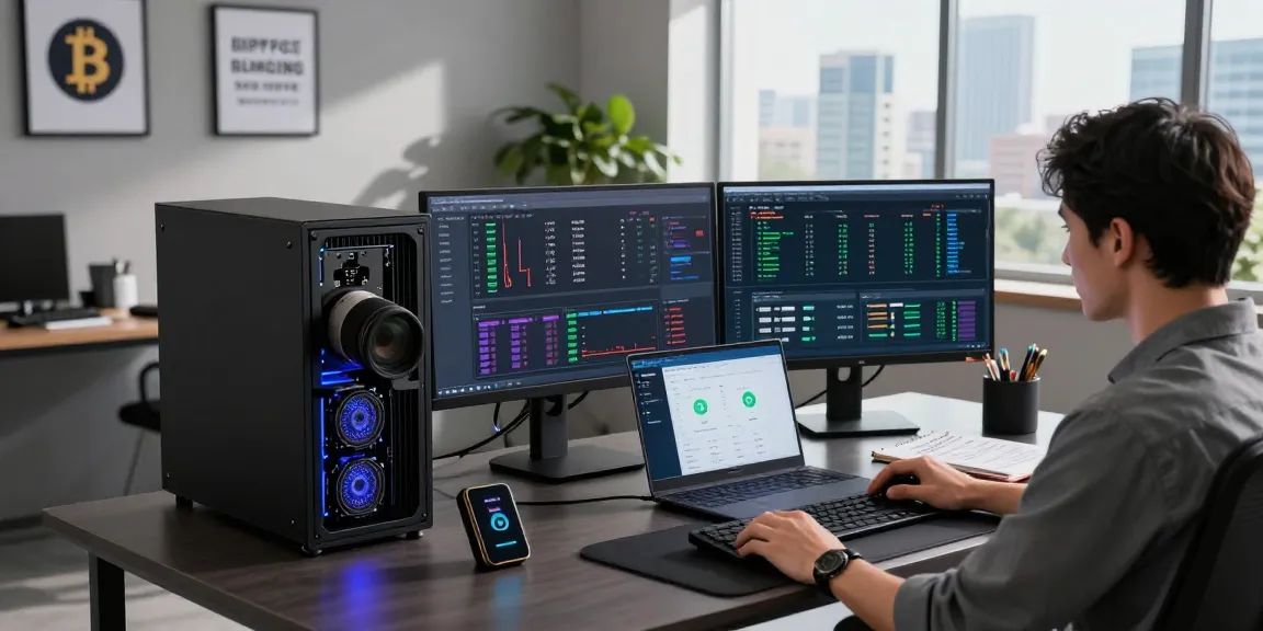 bitcoin mining platform with cryptocurrency mining statistics, digital wallet, and innovative tech setup in a professional office