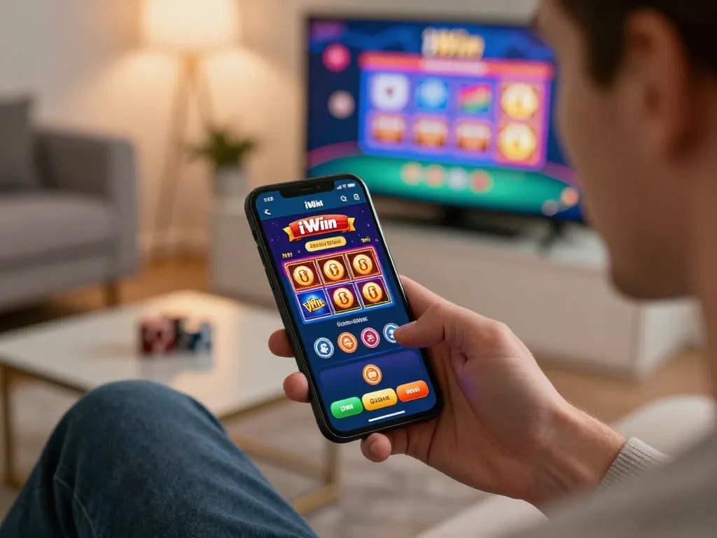 iWin app showcasing exciting online casino gameplay on a sleek smartphone, emphasizing interactive entertainment.