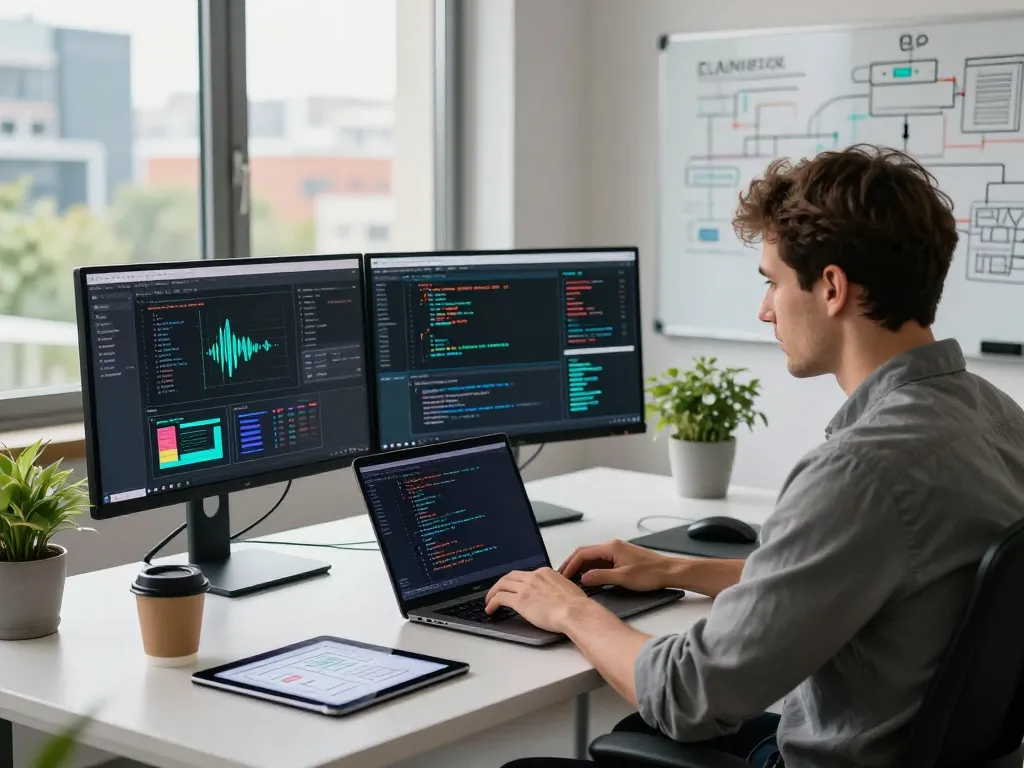 Engaging software engineer working on IODeFi smart contract in a modern development workspace.