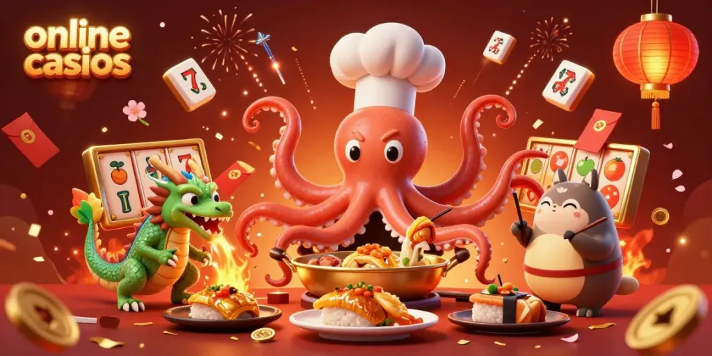 Experience the excitement of online casinos with a vibrant illustration featuring a sushi chef octopus.