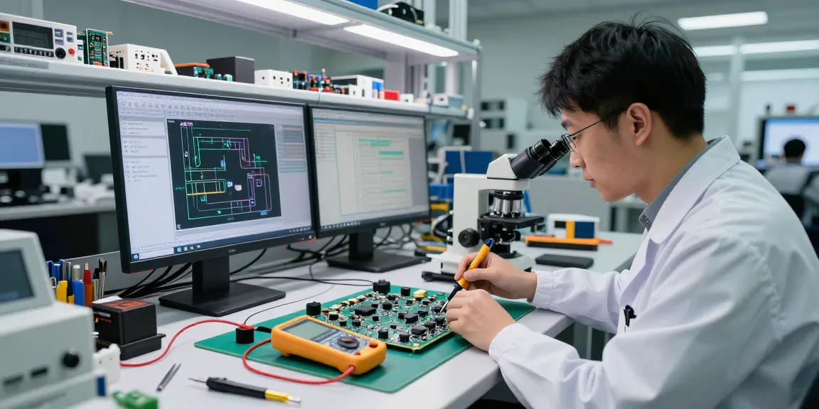 Engineer testing capacitive switch circuits in high-tech lab with tools and screens.