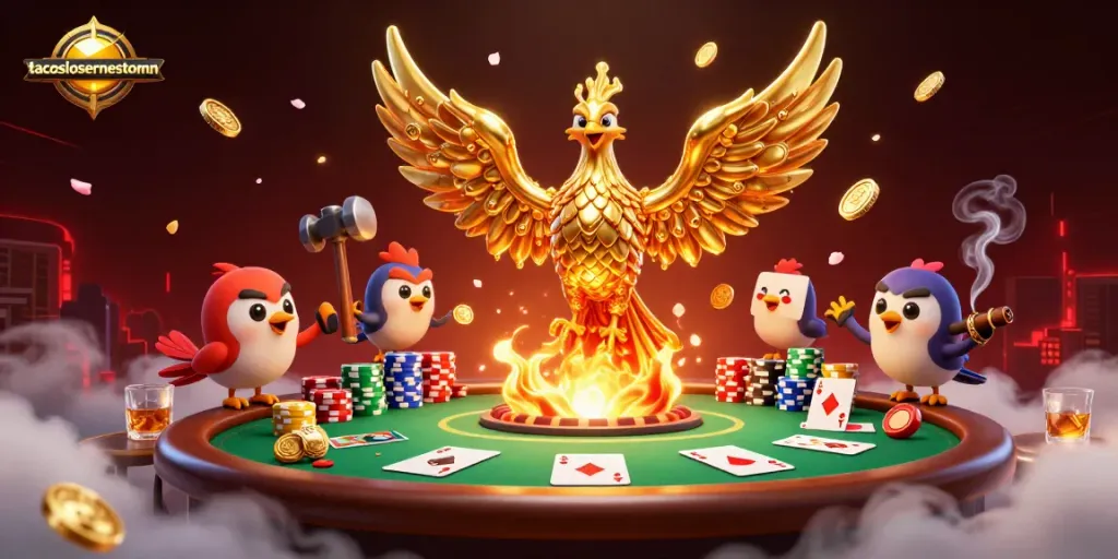 Tampilkan taktik kemenangan dalam permainan kasino dengan tacoslosernestomn, menyebar koin emas dan kartu poker.