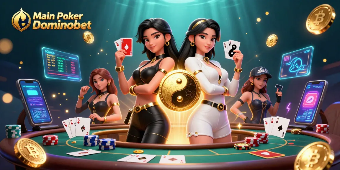 Main Poker Dominobet scene with twin Asian women holding playing cards back to back, surrounded by poker elements.