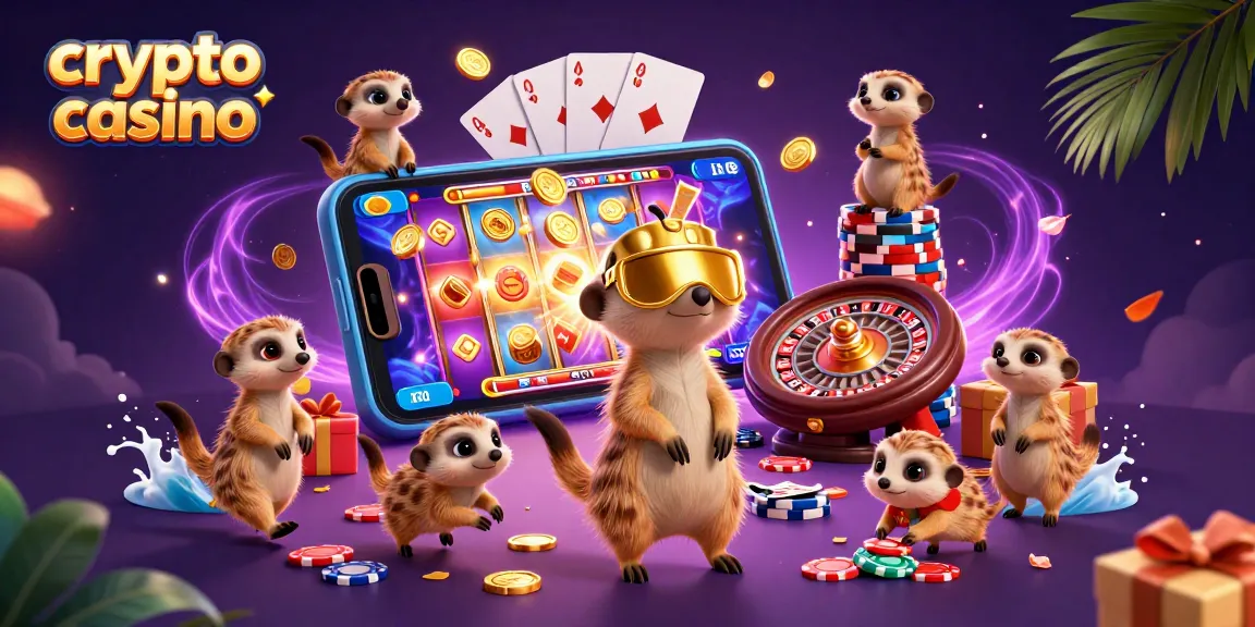 Gioca ai casino crypto mentre un gruppo di suricati gestisce il divertimento con fiches e smartphone.