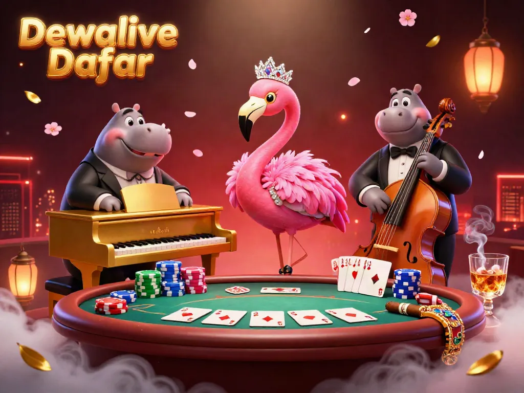 Dewalive Daftar showcases a vibrant casino scene with a flamingo singer and hippo bassist.