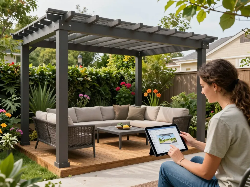 Interactive 3D Pergola Configurator showcasing real-time design in a vibrant garden.
