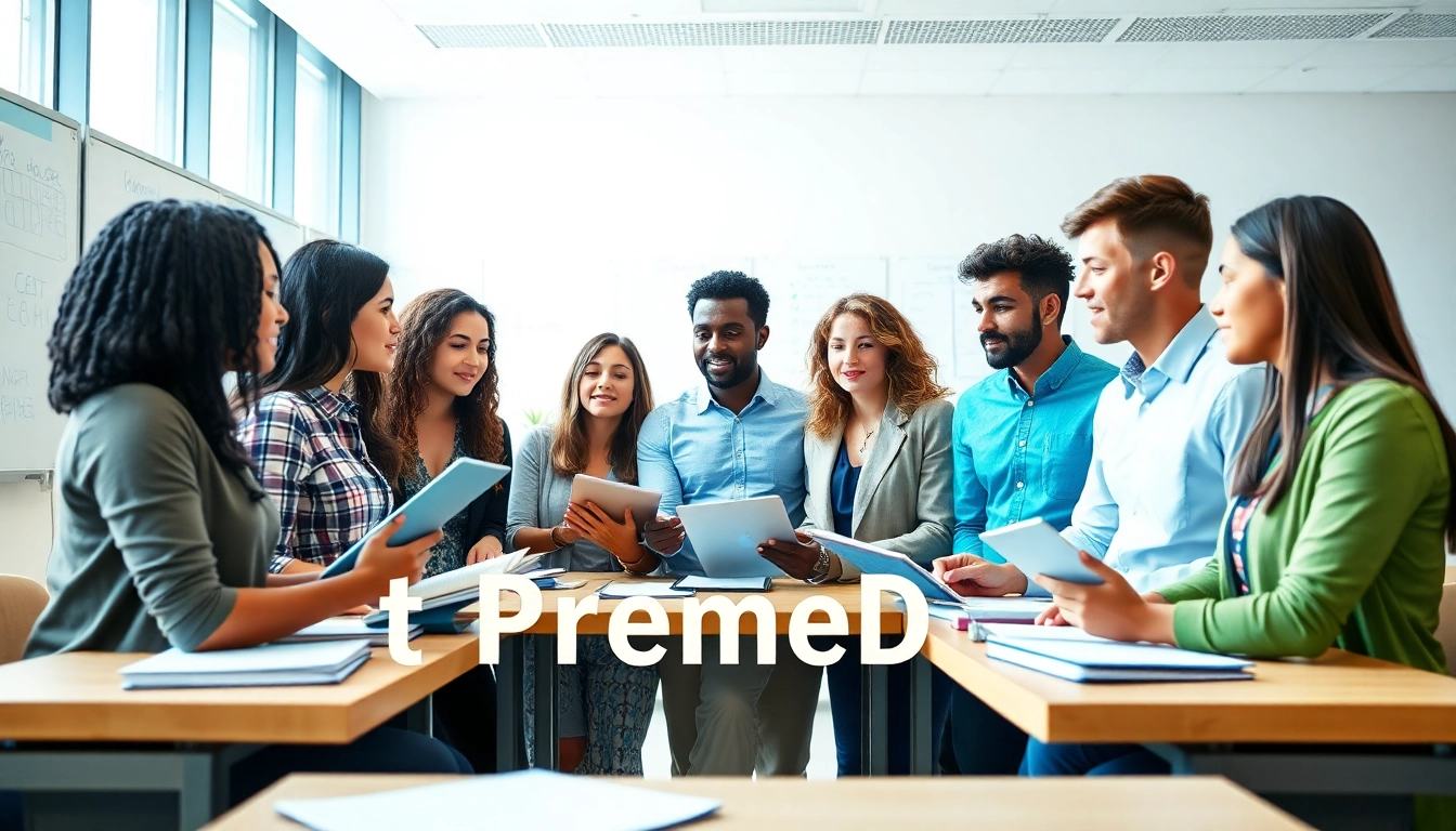 Students collaborate to start a premed club in a modern classroom.