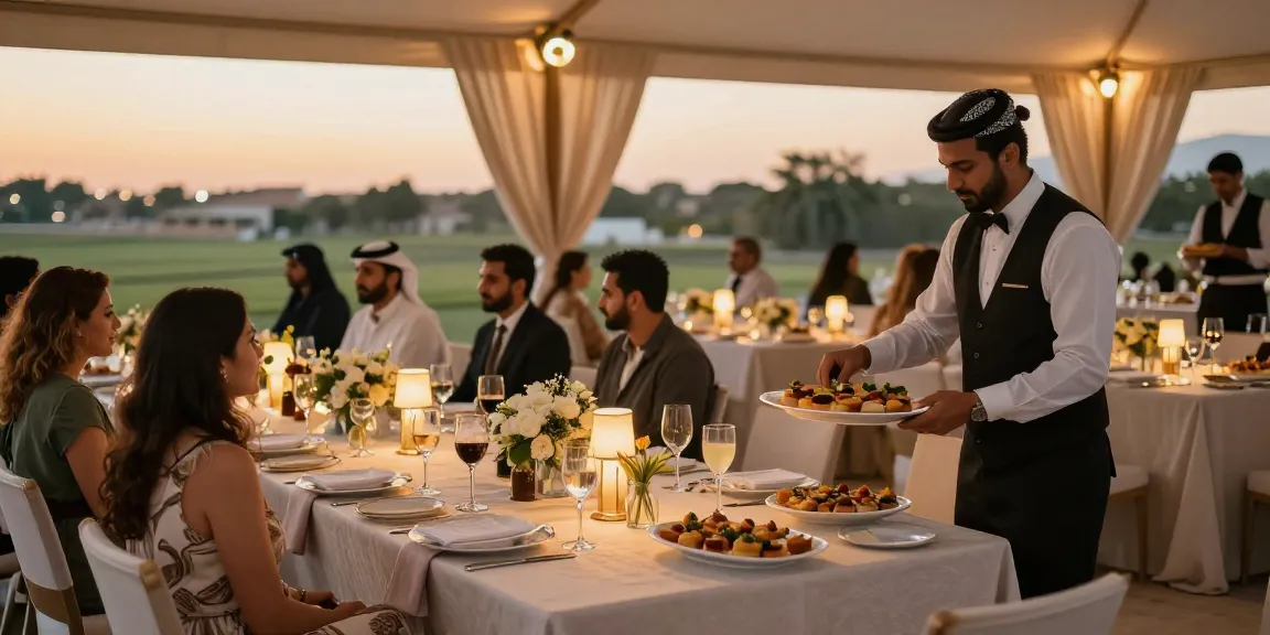 Event rentals showcasing an elegant outdoor setup in Saudi Arabia, featuring luxurious tables and professional service.