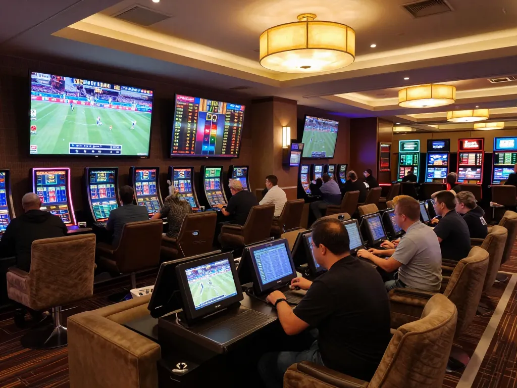 Engaged bettors evaluating keobongda odds at a lively sports betting lounge in a modern casino.