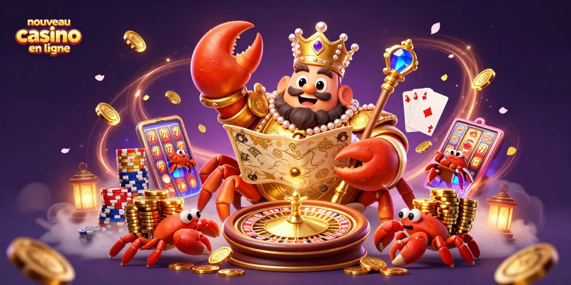 Illustration du nouveau casino en ligne avec un crabe empereur et des éléments de jeu vibrants.