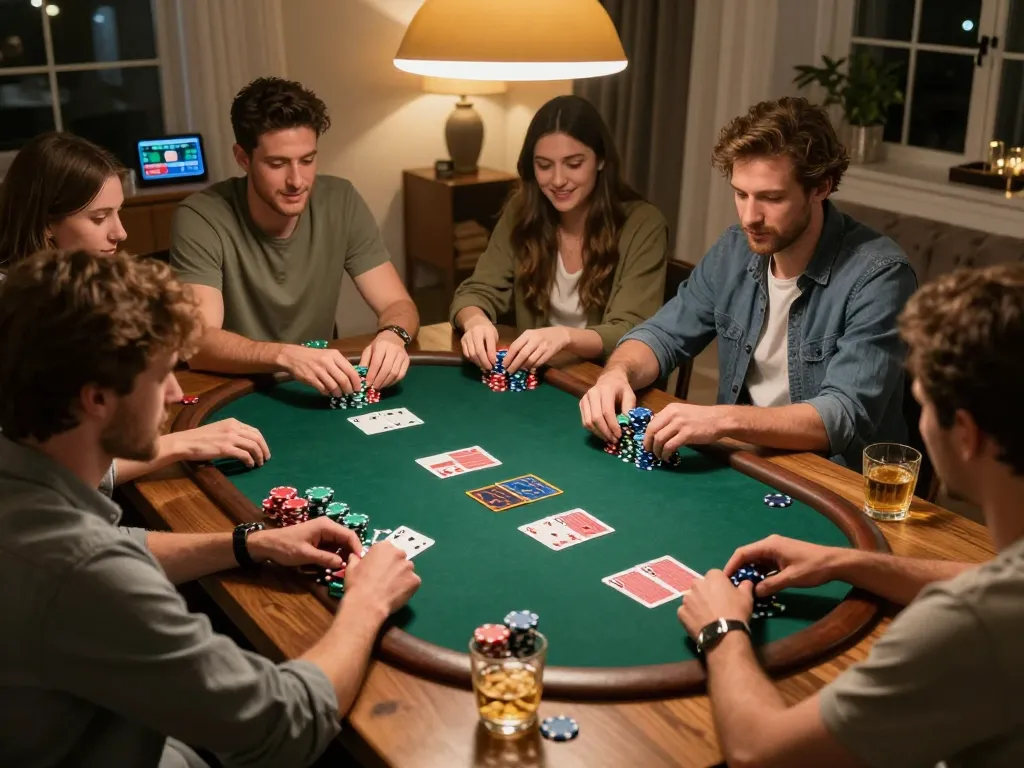 Players enjoying a thrilling poker night while using viral4d for strategic betting decisions, vibrant and social atmosphere.