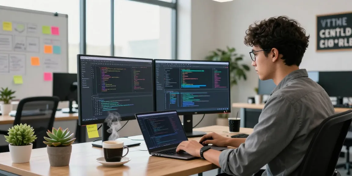 Dynamic digital workspace for telegraimin.com developer with modern coding setup and vibrant atmosphere