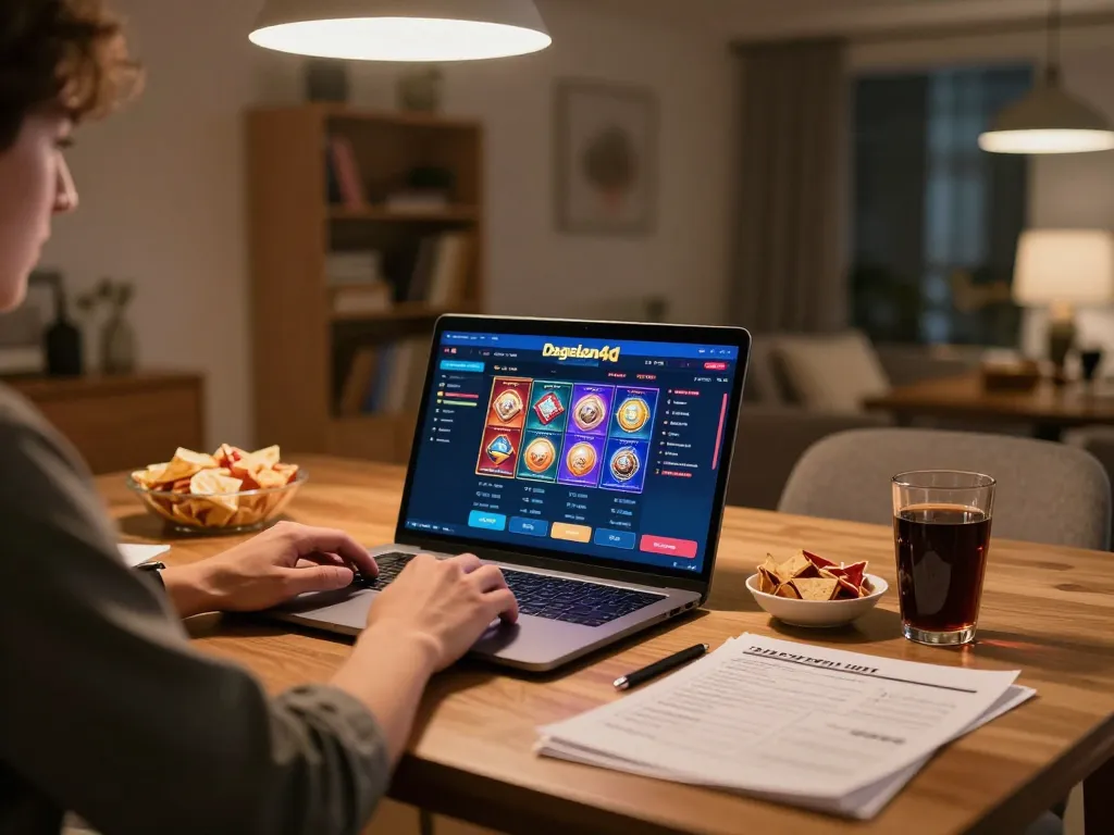 Engaging scene where a player explores dagelan4d online gaming on a laptop amid a cozy home setup.