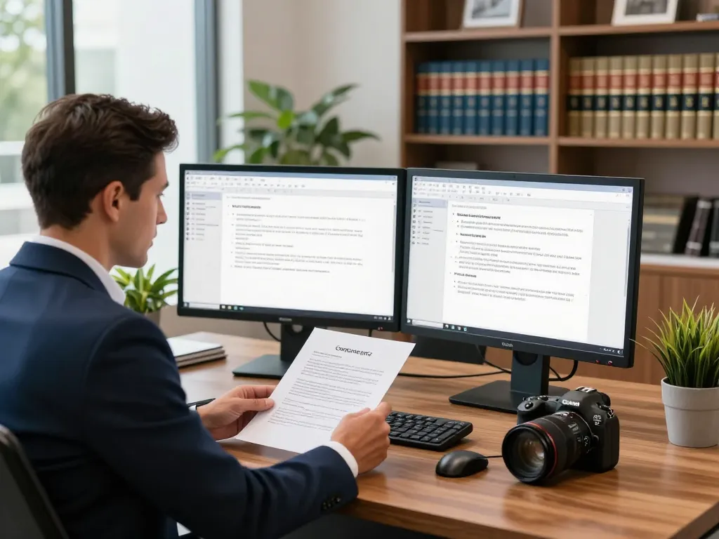 Boca Raton Construction Litigation Lawyer reviewing documents in a modern office, showcasing a blend of professionalism and approachability.