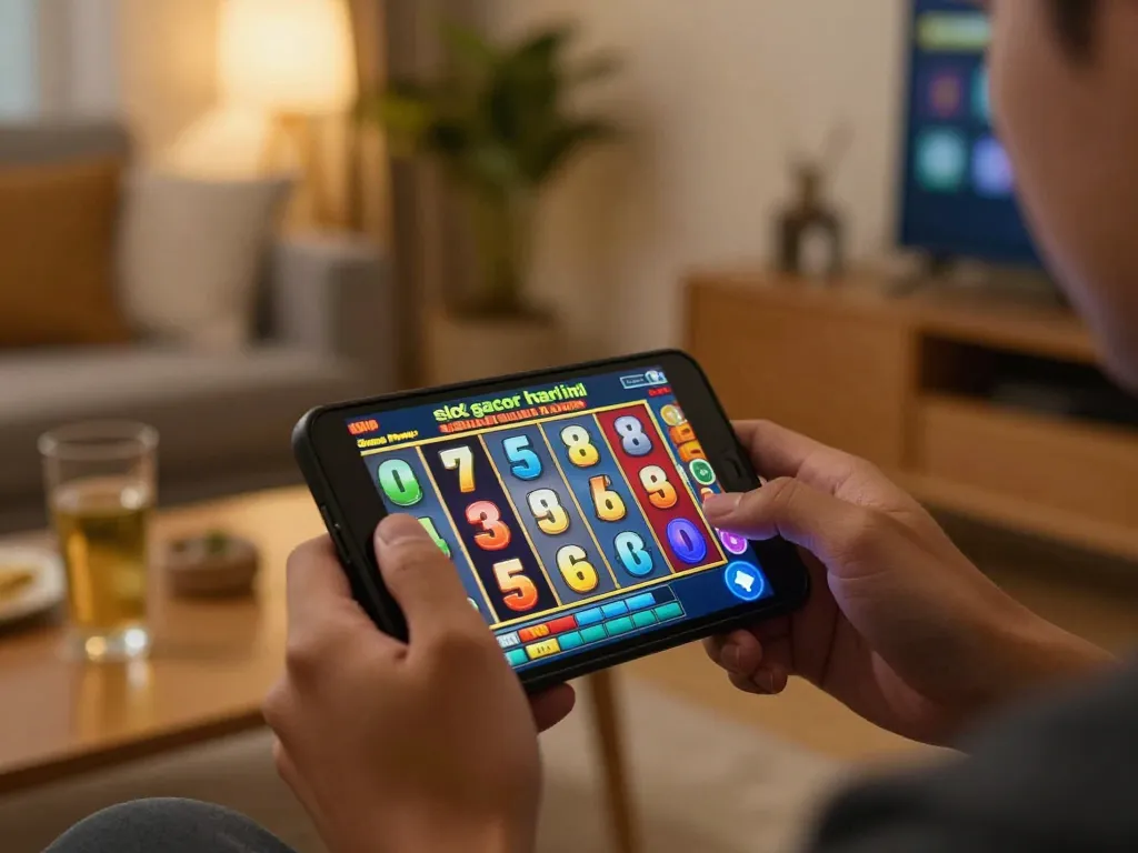 Player spins reels on smartphone for exciting slot gacor hari ini gameplay while relaxing at home.