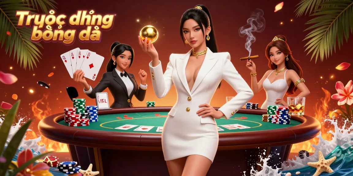Experience Trực tiếp bóng đá action with photorealistic Asian woman in a luxury casino setting, showcasing poker and roulette.