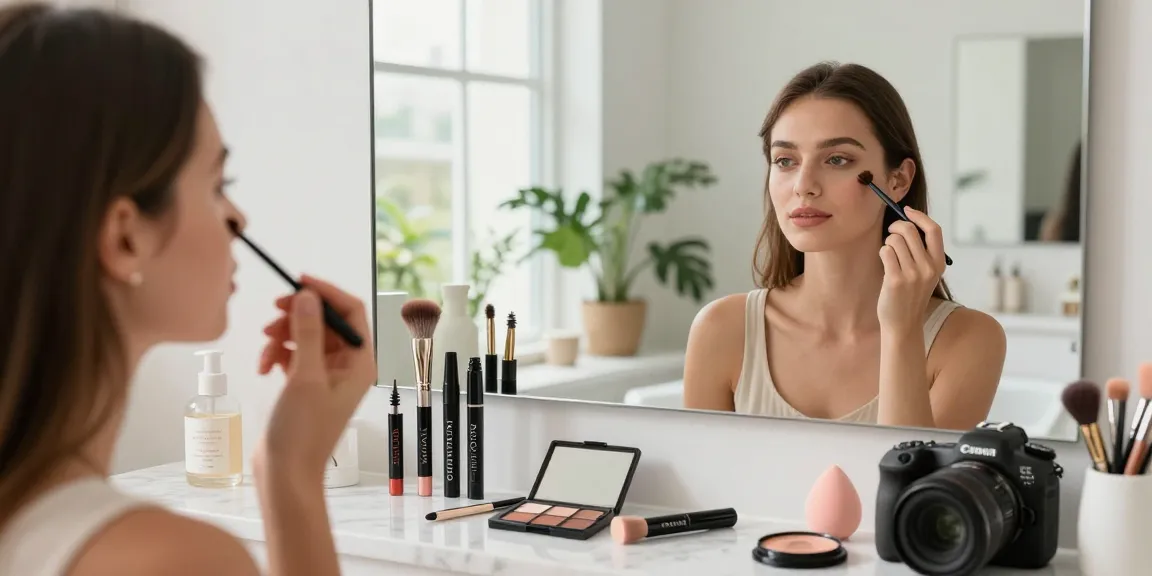 Applying natural everyday makeup with Skone’s wholesale makeup products in a modern bathroom.