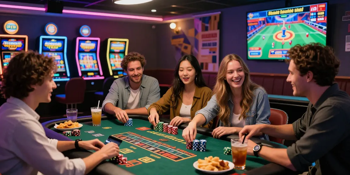 Engaging scene at a credit card casino from https://brcs.co.uk/, friends enjoying live dealer games with vibrant atmosphere.