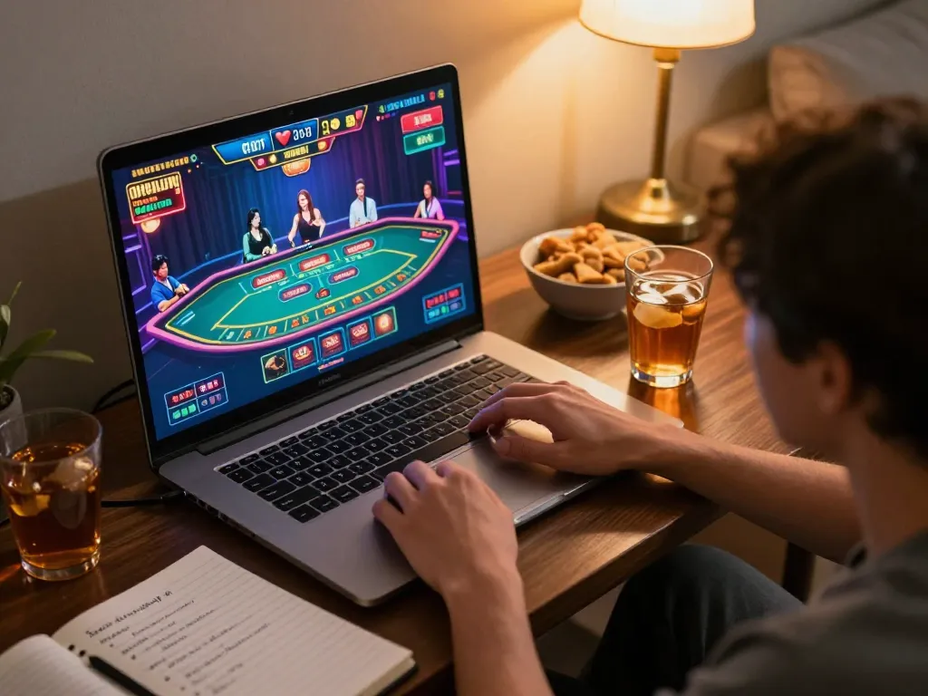 Person playing online casino games on laptop at home, showcasing 88clbgo platform.