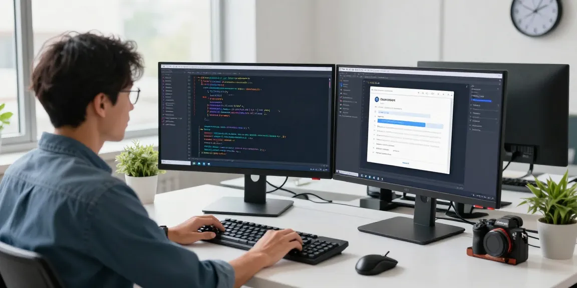 Software developer working on an age verification system in a modern office, showcasing high-tech tools and natural lighting.