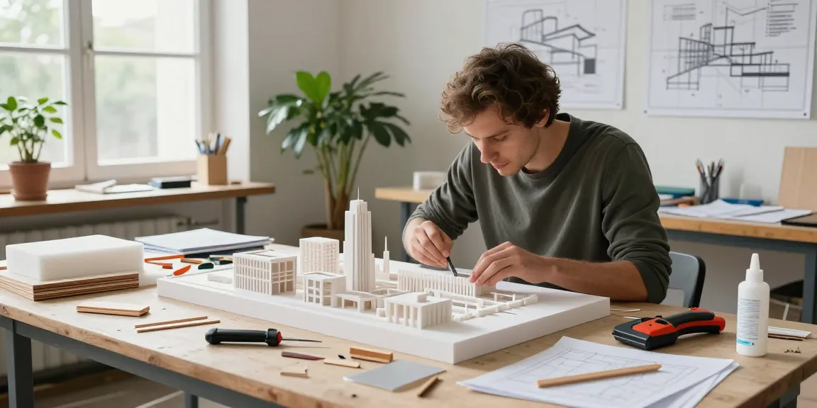 Architectural model maker Italy creating a detailed urban landscape model in a bright studio