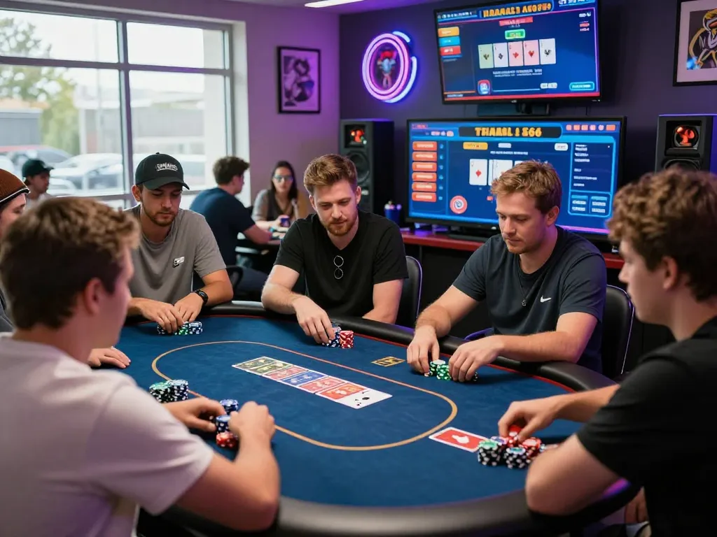 Exciting online poker scene showcasing situs idn poker players engaged in Texas Hold'em with vibrant interfaces and dynamic expressions.