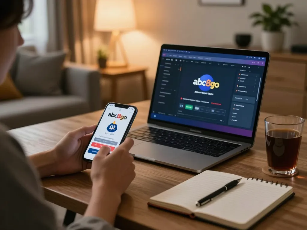 Engaging with abc8go casino app on a smartphone in a cozy living room setting, embodying responsible gambling