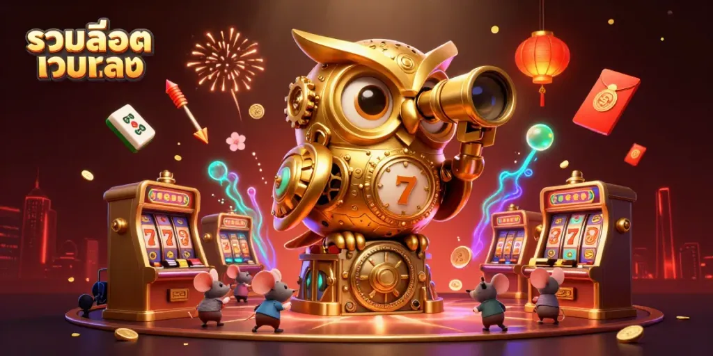 Play slots at รวมสล็อตเว็บตรง while enjoying the festive casino atmosphere filled with golden owls and animated guests.