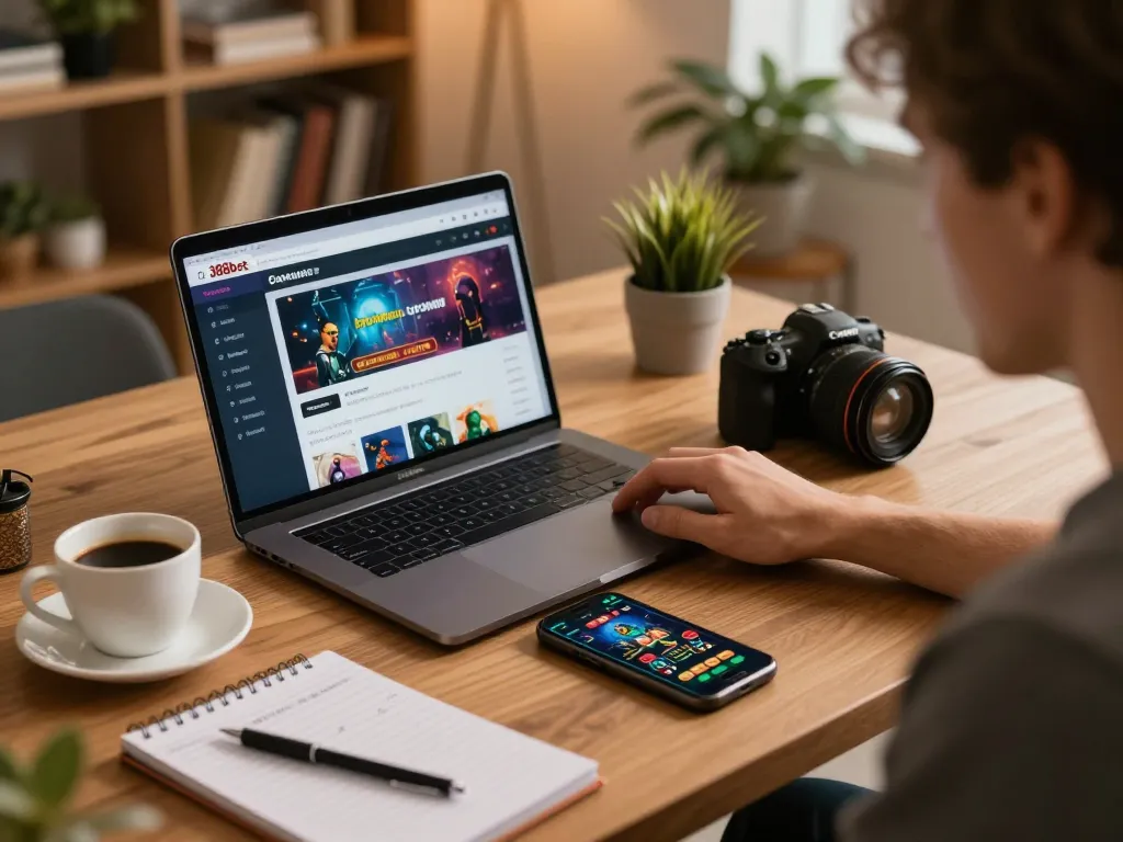 Engaged player using 388bet on laptop for online gaming strategy in cozy home setting.