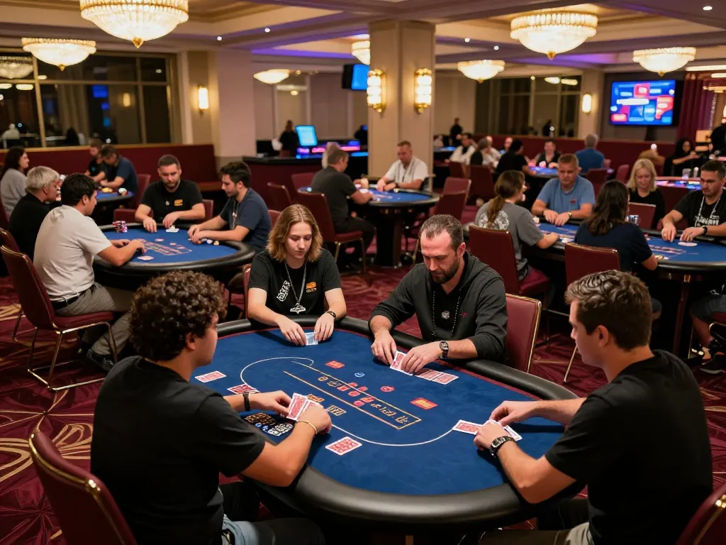Players engage in intense poker gameplay with Houston Injury Attorney at the forefront of strategic betting in a lively atmosphere