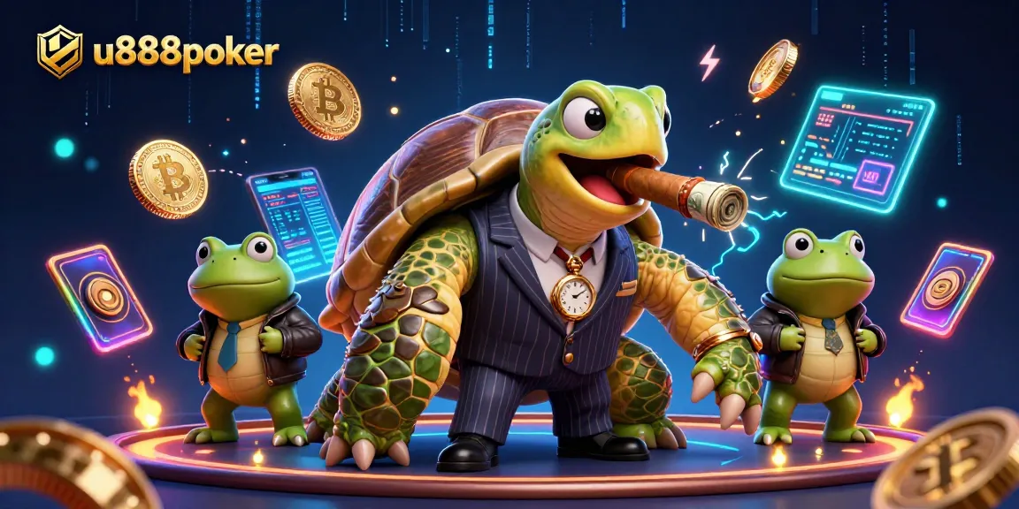 Join the excitement at u888poker with a vibrant scene featuring a mobster turtle and bullfrog enforcers.