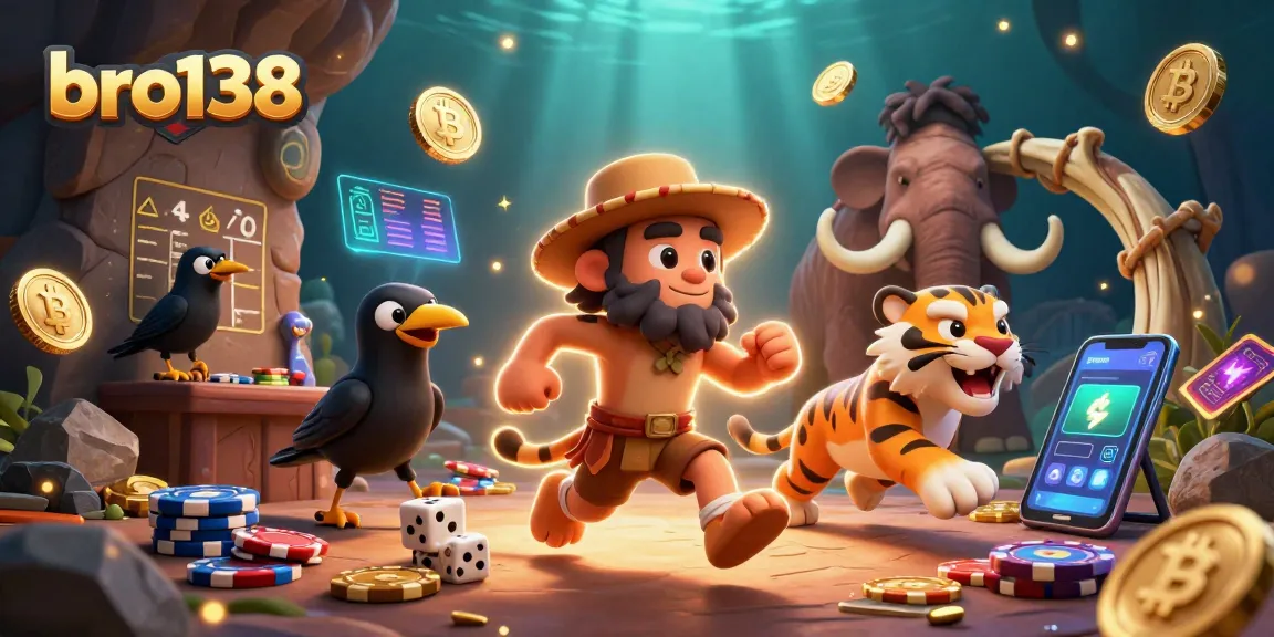 Engage with bro138's prehistoric casino adventure featuring a dynamic caveman, sabertooth dice game, and glowing crypto treasures.