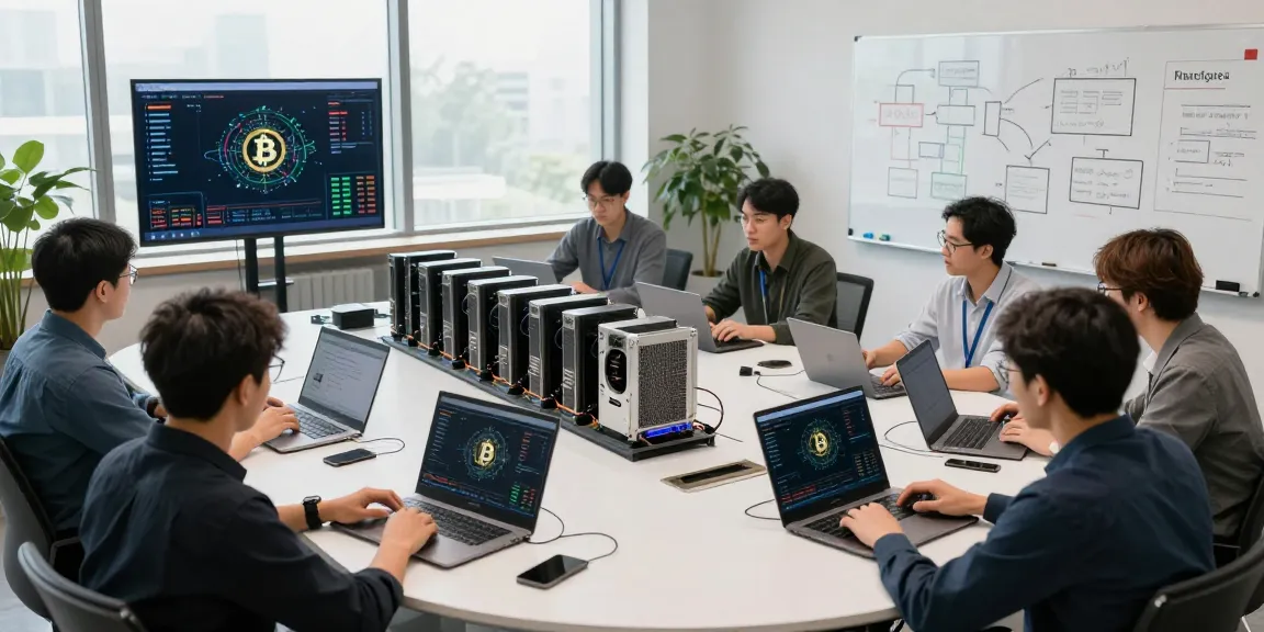 Mining bitcoin online in a collaborative meeting space with screens visualizing cryptocurrency data and strategic insights for crypto investors.