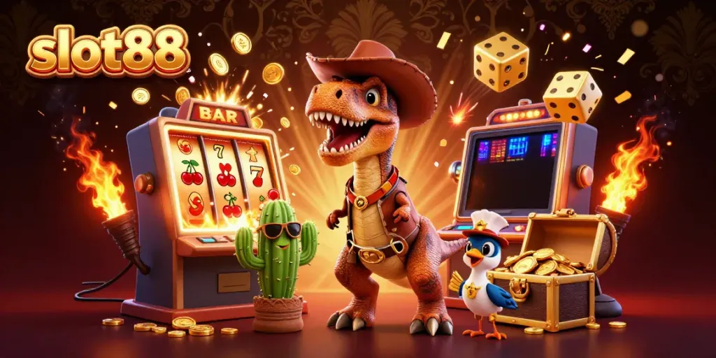 Spin the slot88 jackpot with a T-Rex dinosaur, cactus, and roadrunner in a colorful casino adventure.