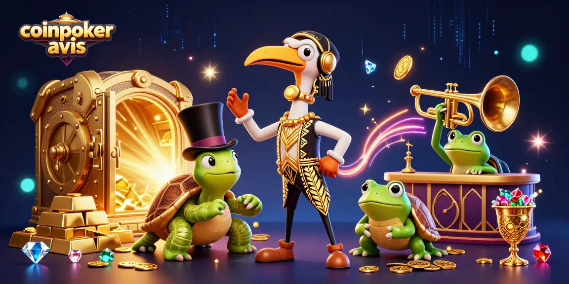 Vivez l'expérience captivante de CoinPoker avis avec des personnages animés et des éléments de casino scintillants.