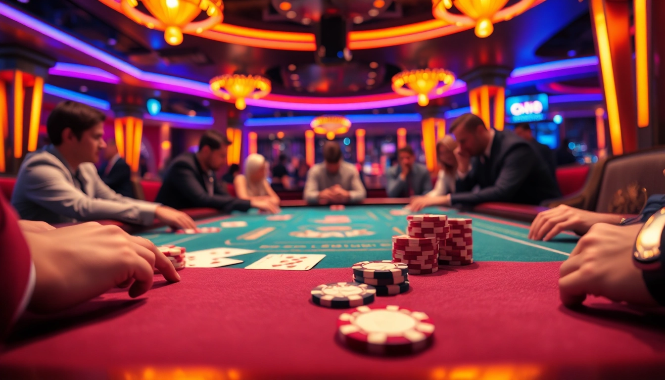 Experience thrilling games at an Online casino Uk with vibrant neon lights and poker action.