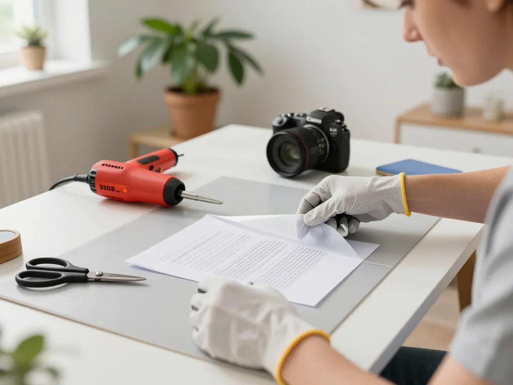 Expertly tách lớp ép plastic from important documents using precise tools in a bright home workspace.