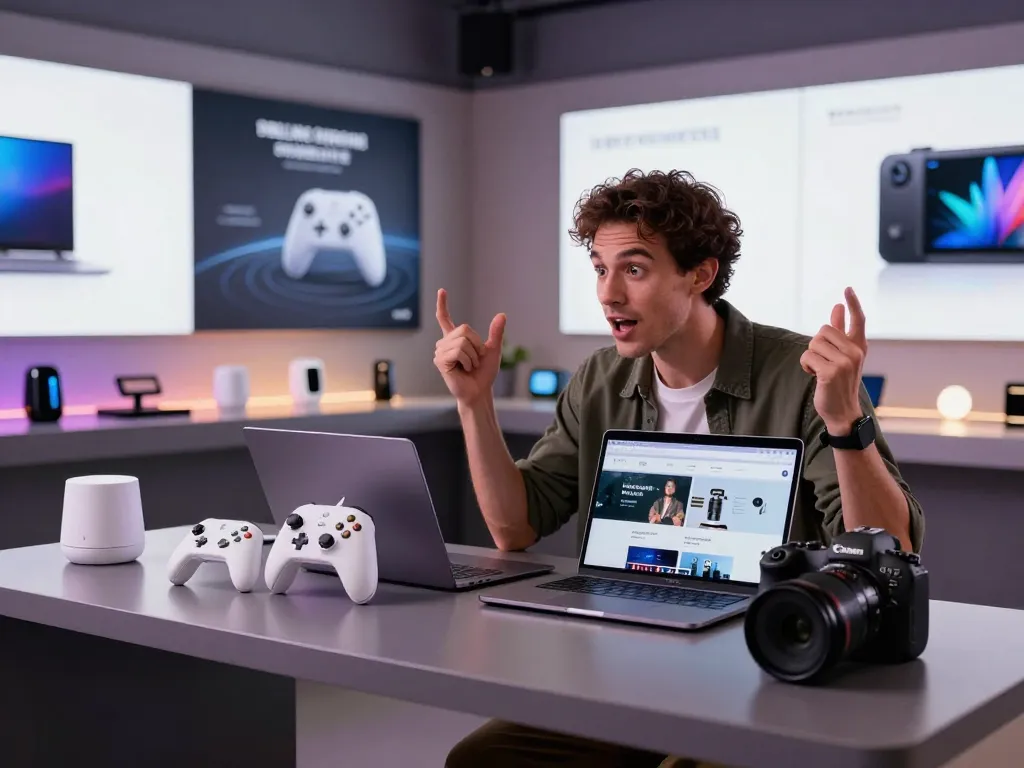 Showcase of the best tech gadgets for men in a modern showroom with innovative Bluetooth devices.