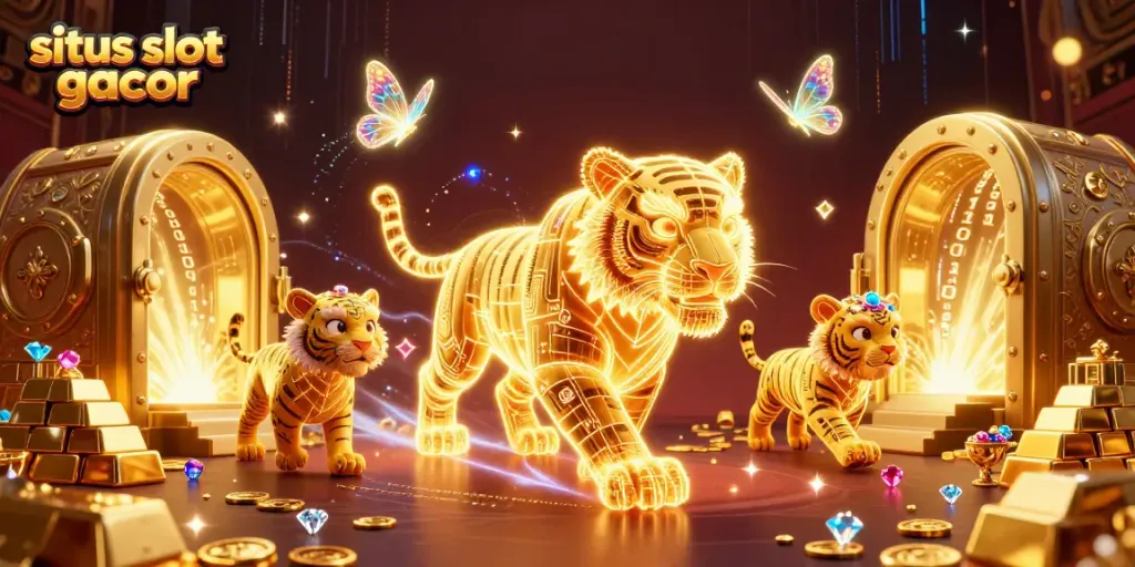 Ilustrasi 3D situs slot gacor dengan harimau emas neon dan simbol slot, meningkatkan peluang menang.
