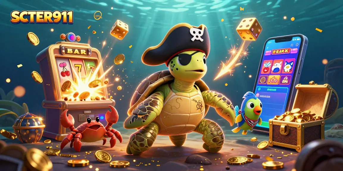 Engage with SCATTER911 as pirate characters soar above dynamic casino treats in this vibrant illustration.